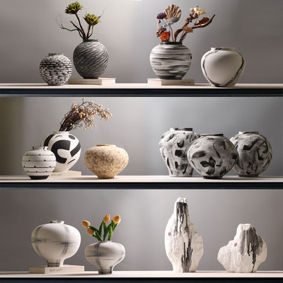 手绘水墨图案侘寂风陶罐大花瓶