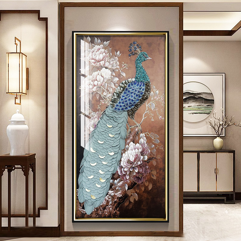 新中式手工3d立体入户玄关装饰画竖版孔雀挂画实物走廊过道高端画