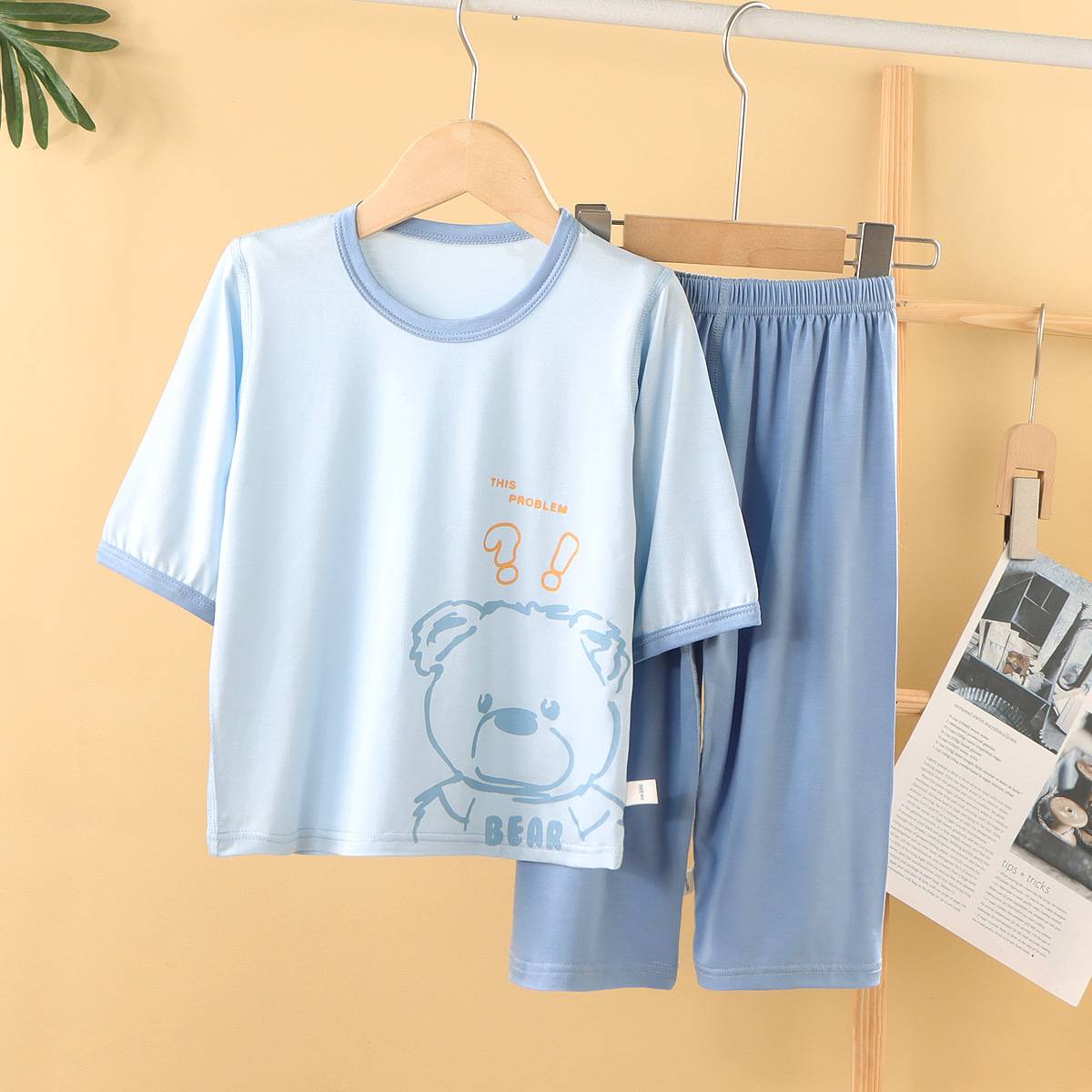 儿童夏季天丝冰韩棉家居服套装宝宝韩版薄款睡衣那男童女童空调服