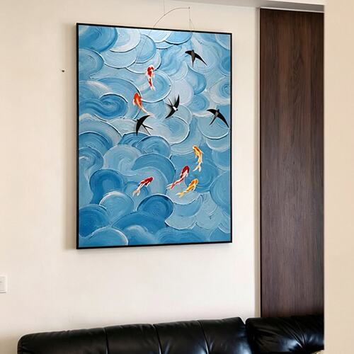 蓝色海浪九鱼图装饰画毕业礼寓意