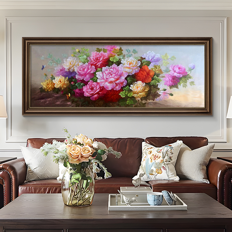 花开富贵牡丹花美式客厅挂画沙发背景墙装饰画复古手绘油画壁画图片