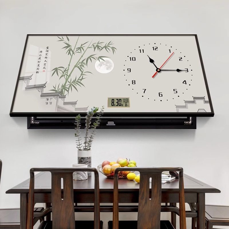 新中式大尺寸电表箱装饰画带钟表遮挡电闸盒配电箱竹子餐厅挂画