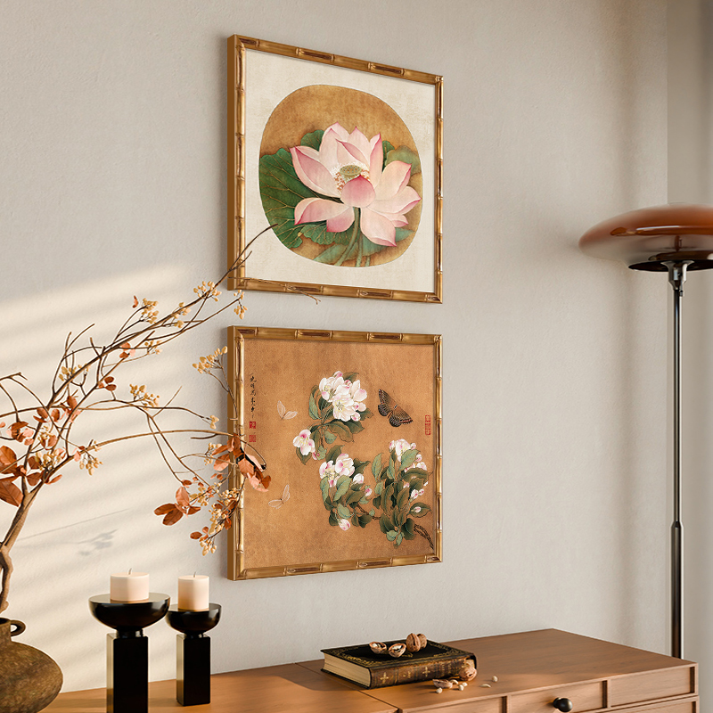 花鸟中古风玄关装饰画复古法式客厅餐厅壁画卧室画新中式荷花挂画图片