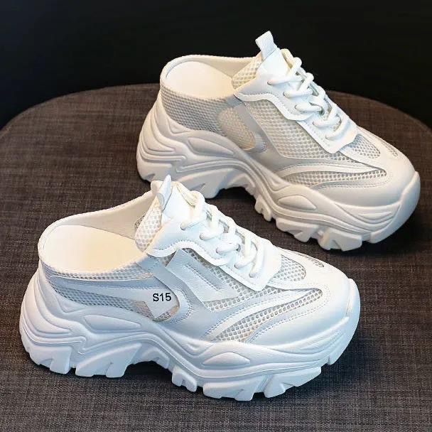 2023年夏季内增高包头拖老爹鞋女新款网纱松糕厚底高跟半拖鞋外穿