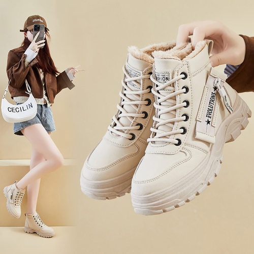 ins潮加绒马丁靴女2025冬季新款休闲鞋增高学生保暖机车靴RD2001