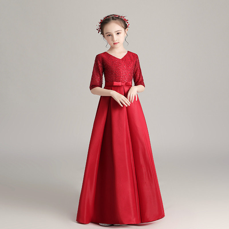 女童红色晚礼服洋气花童婚纱裙儿童生日公主裙主持人钢琴演出服夏
