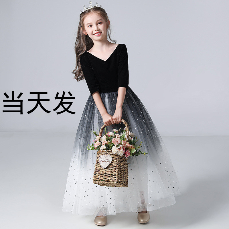 女童生日公主裙女童走秀晚礼服大童儿童主持人钢琴演出服黑色春夏