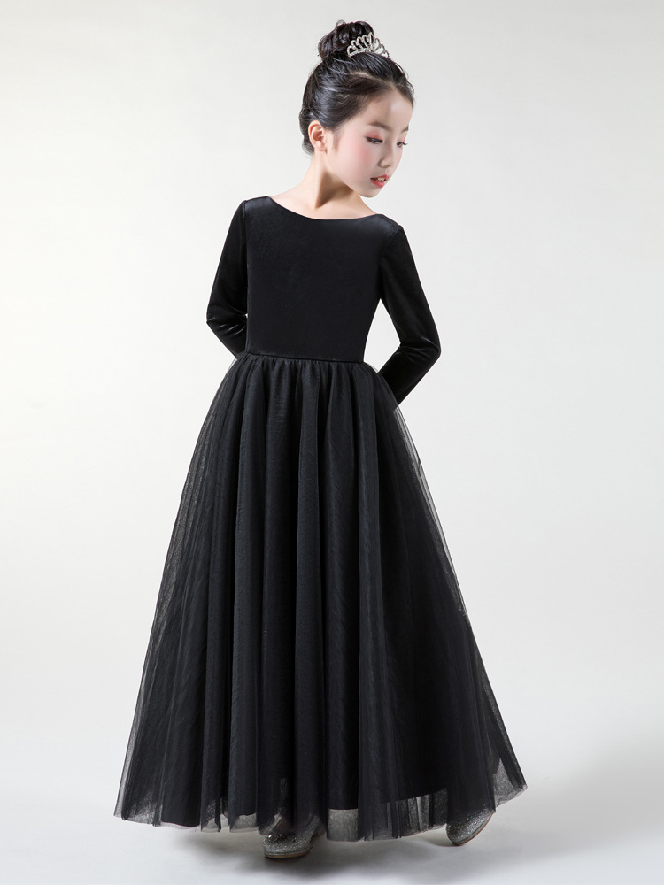 新款女童黑色长袖晚礼服可爱钢琴演出服小提琴演奏公主裙春夏弹力