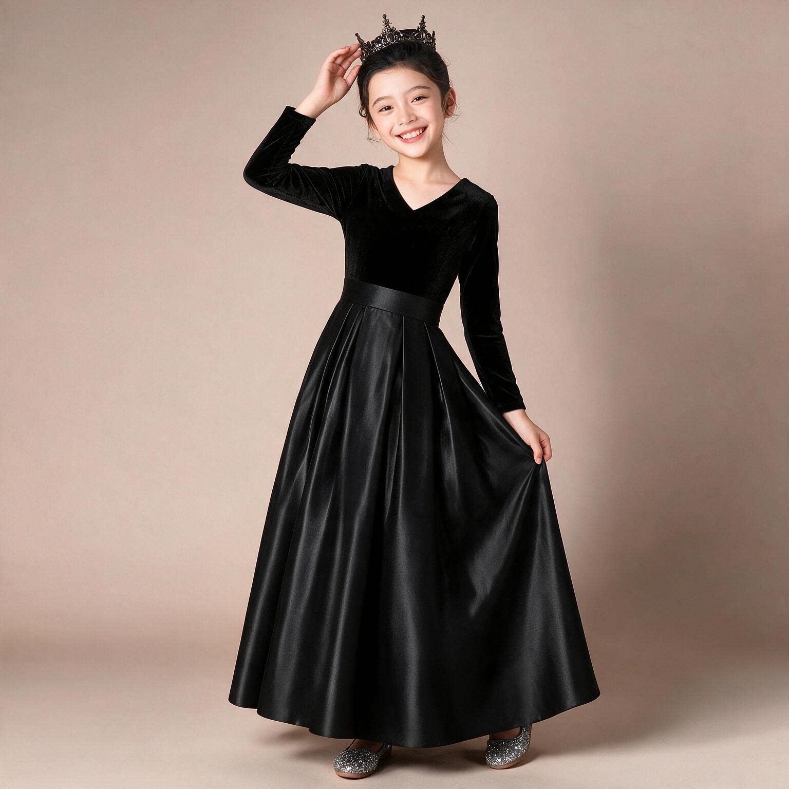 顺丰发黑色丝绒女童礼服裙钢琴提琴演奏高端小女孩管弦乐团演出服