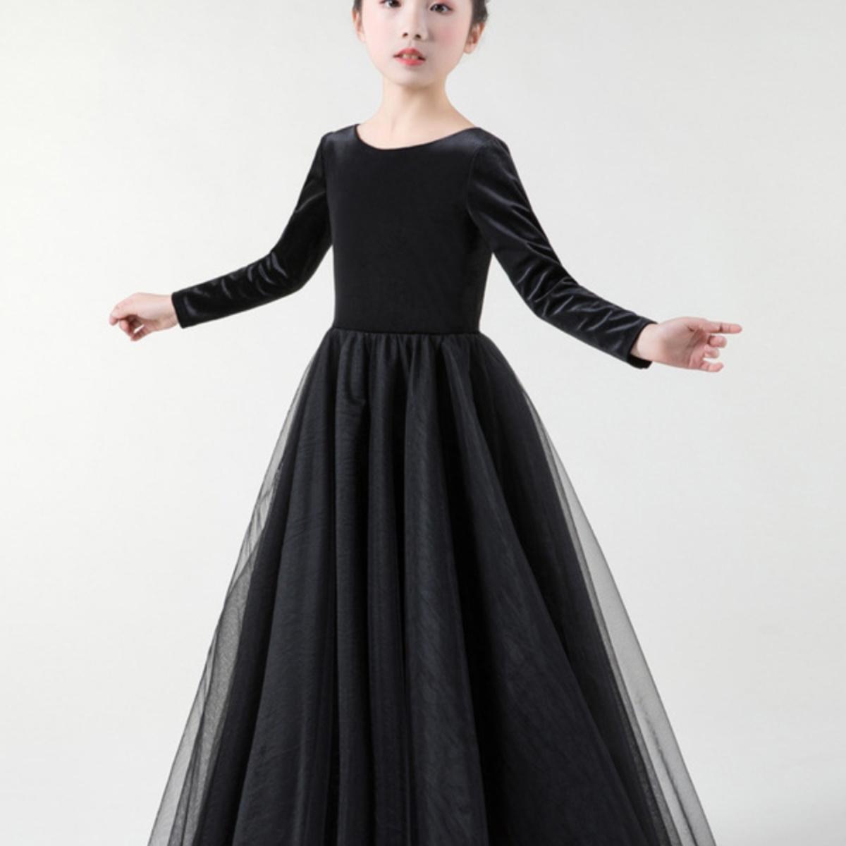 学生黑色长袖女大童晚礼服钢琴小提琴合唱演出服春夏乐团弹力