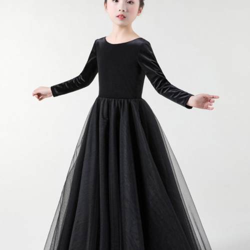 当天发学生黑色长袖女大童礼服钢琴小提琴合唱演出服秋冬乐团弹力