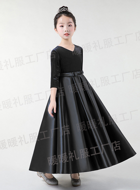 当天发女童中大童长款晚礼服黑色弹性丝绒钢琴演出服小提琴合唱秋
