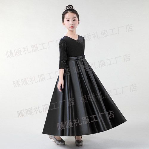 当天发女童中大童长款晚礼服黑色弹性丝绒钢琴演出服小提琴合唱秋