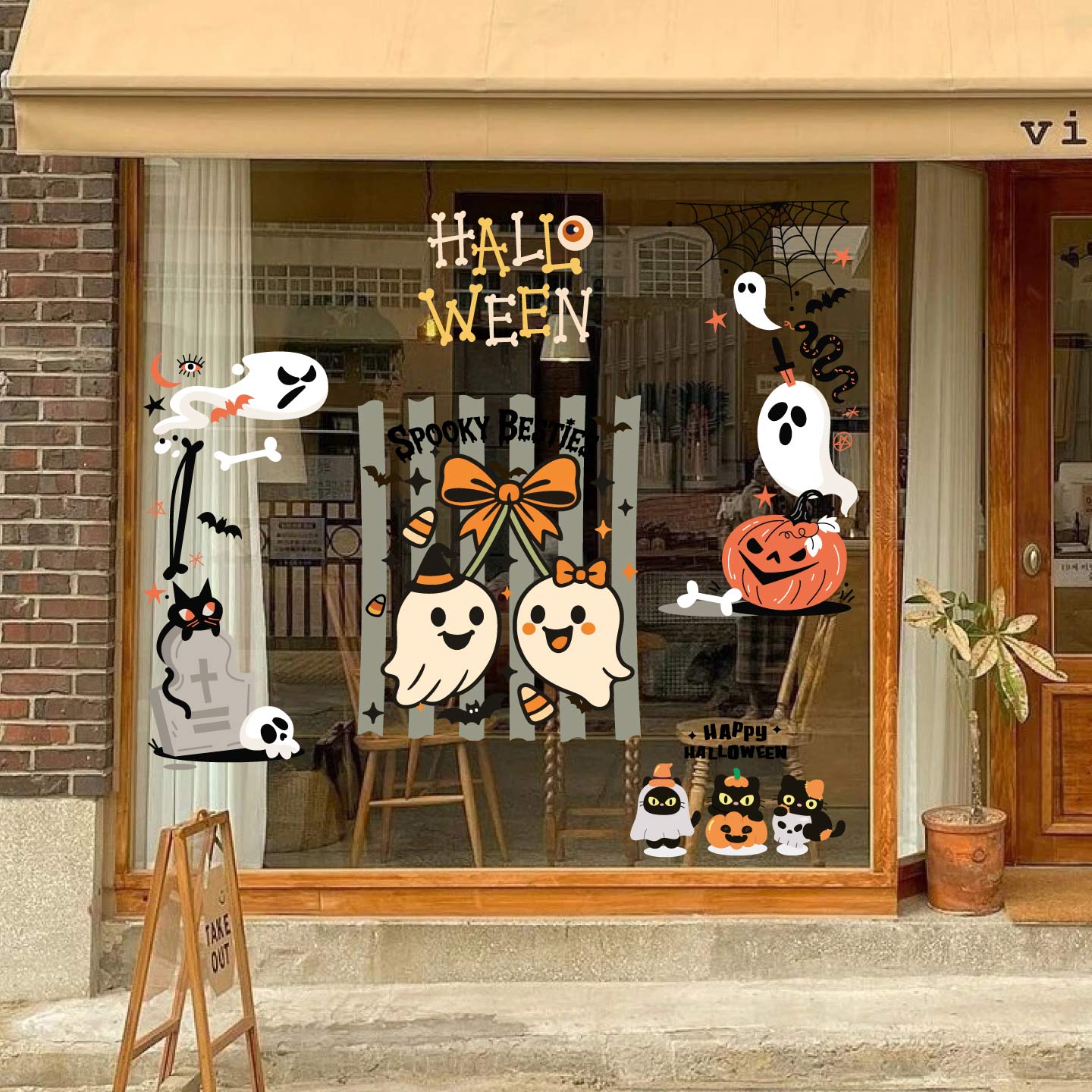 happy halloween万圣节酒吧场景装饰布置节日氛围玻璃窗户静电贴