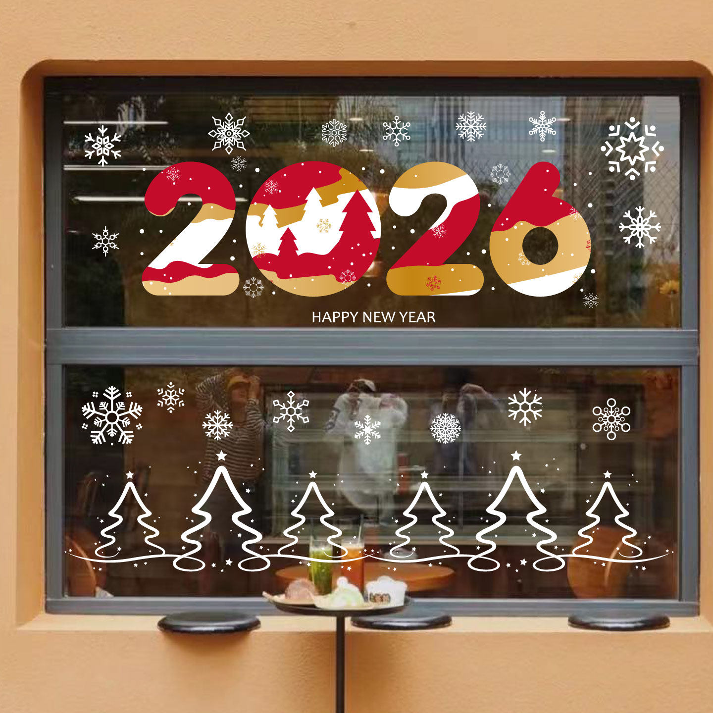2026圣诞节圣诞树装饰窗花 新年商场氛围卧室阳台玻璃门静电贴纸