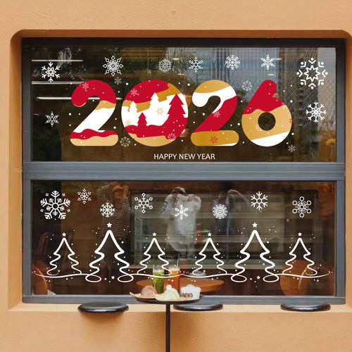 2026圣诞节圣诞树装饰窗花 新年商场氛围卧室阳台玻璃门静电贴纸