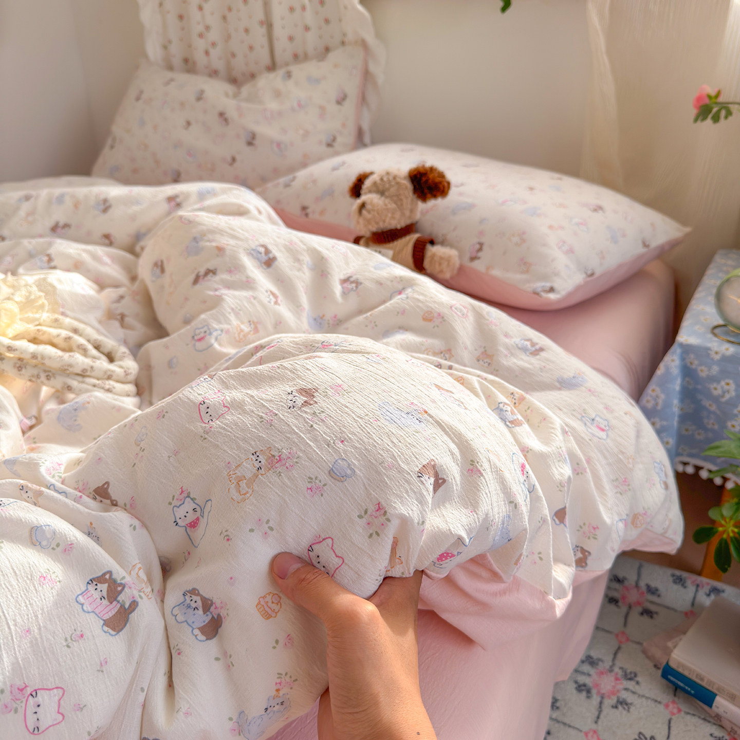 A类双层纱布床上用品四件套纯棉全棉被套床单被罩床笠宿舍三件套4