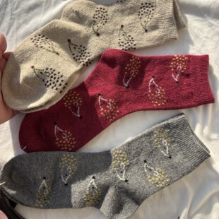 复古中筒袜子 外贸女士卡通小动物羊毛袜 55%羊毛 日单小众贵牌