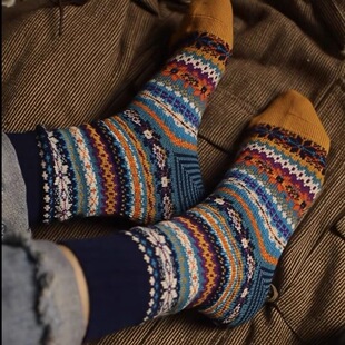T家 复古羊毛袜子男女秋冬加厚保暖粗线中筒袜民族风 外贸日单美式