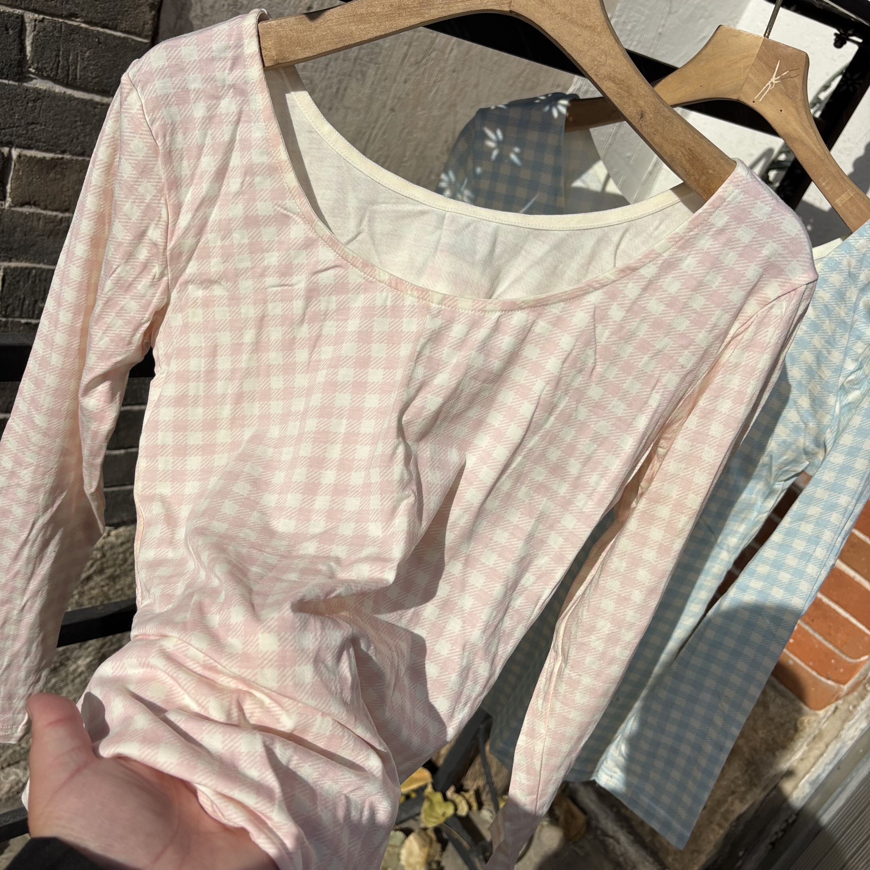岛国少女品牌~外贸日单女圆领长袖莫代尔T恤甜美格子家居打底上衣