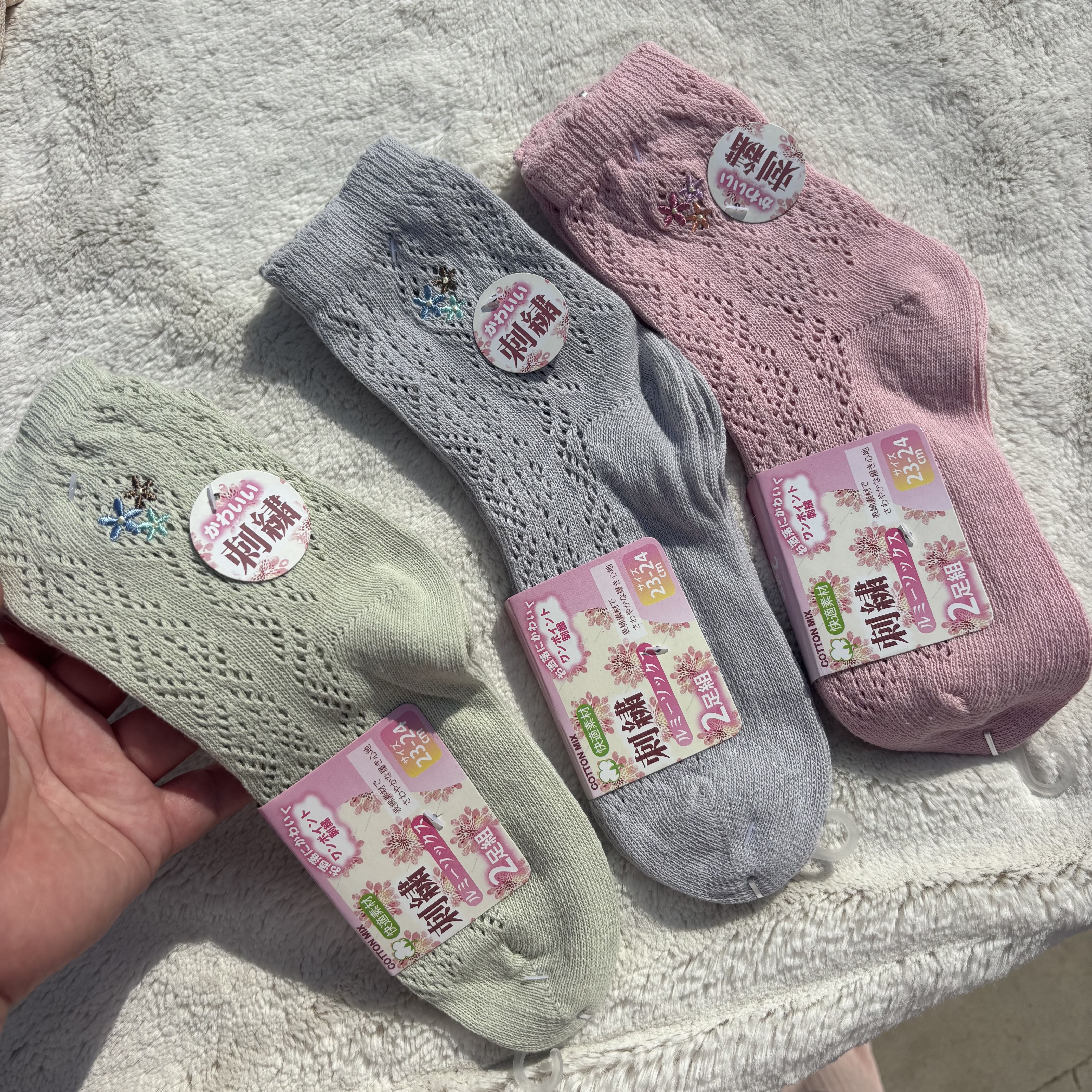 两双装！外贸日单原卡女夏季薄款刺绣纯棉网眼透气吸汗松口中筒袜