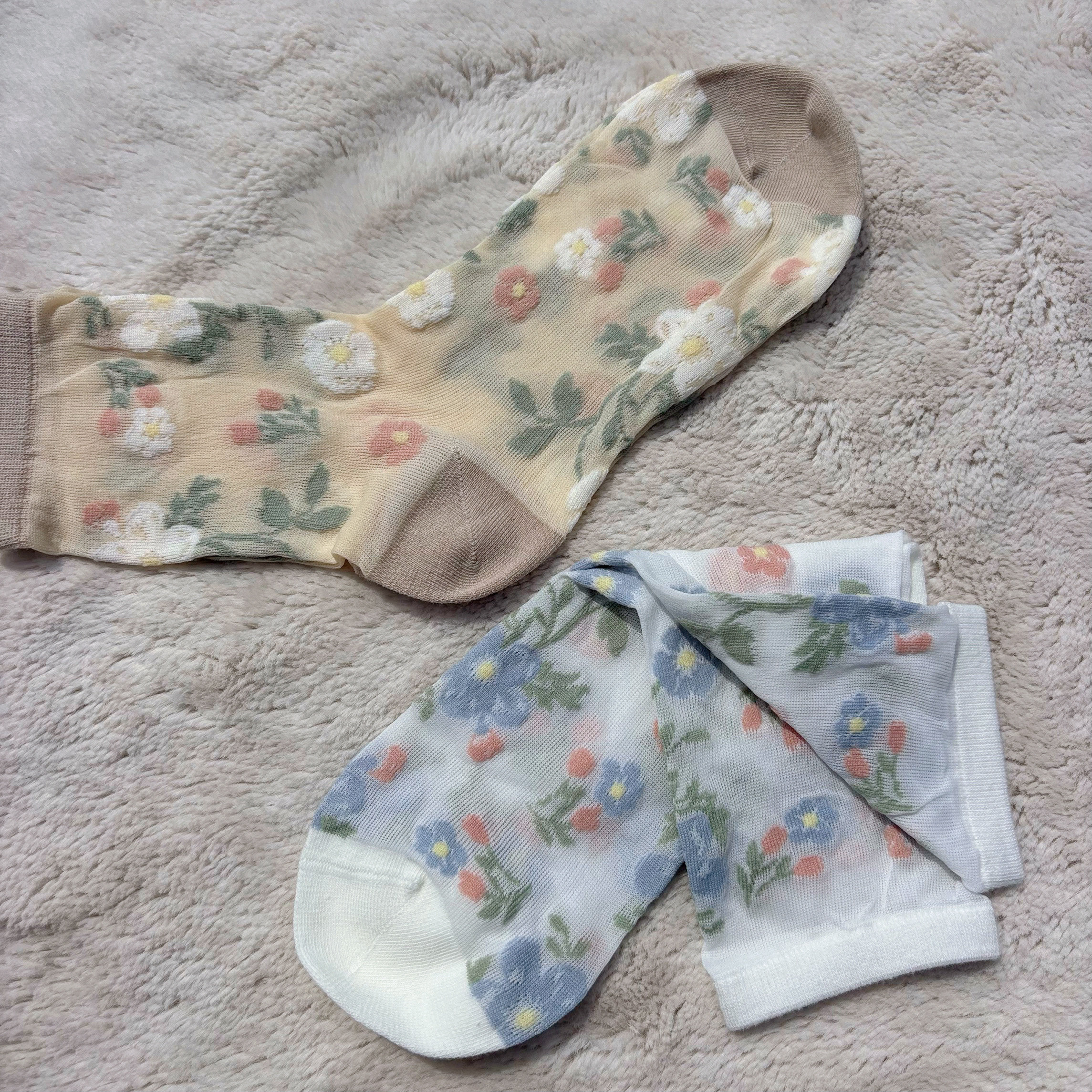 细丝棉纱！外贸日单贵牌女夏季清新碎花浮雕超薄纯棉中筒袜子丝袜