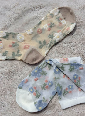 细丝棉纱！外贸日单贵牌女夏季清新碎花浮雕超薄纯棉中筒袜子丝袜