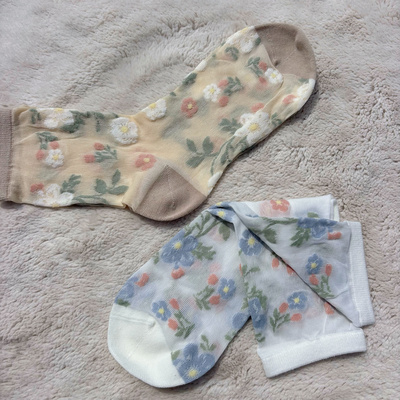 细丝棉纱！外贸日单贵牌女夏季清新碎花浮雕超薄纯棉中筒袜子丝袜