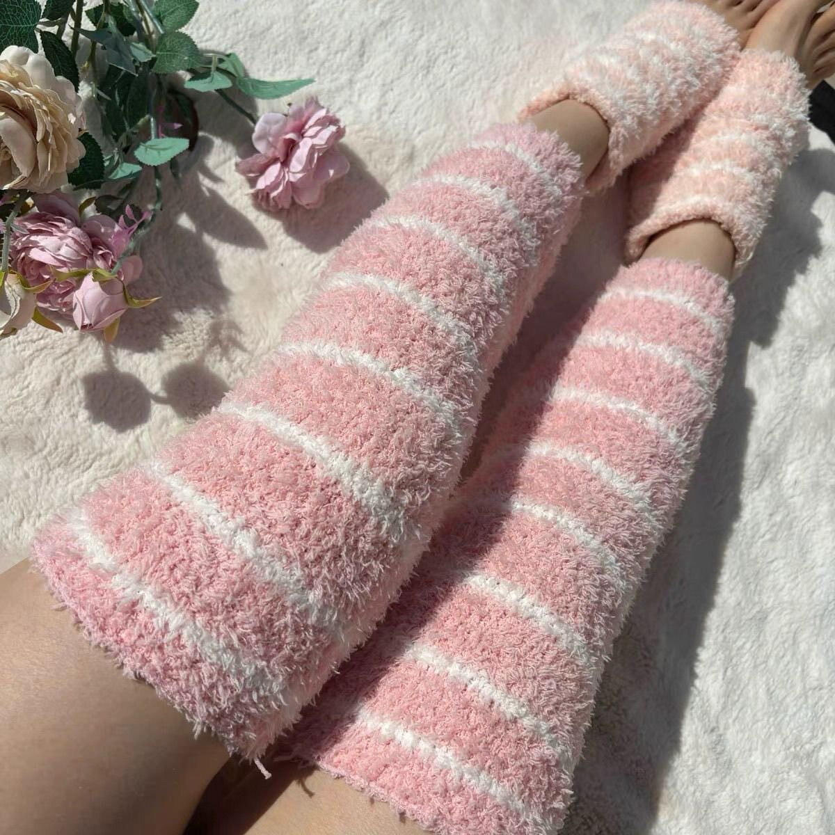 日单秋冬加厚保暖护膝珊瑚绒半边绒护脚踝腿套条纹护小腿堆堆袜套