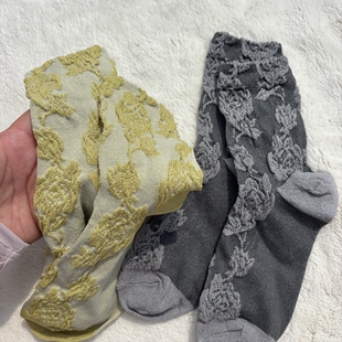 岛国贵牌 浮雕文艺复古花朵松口短袜中筒袜 外贸日单女士春夏薄款