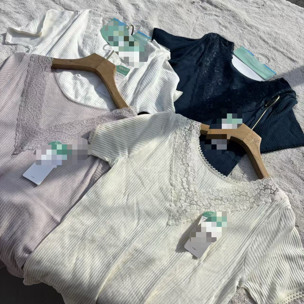 自然。外贸日单原包装女士V领蕾丝100%纯棉螺纹打底衫短袖T恤上衣