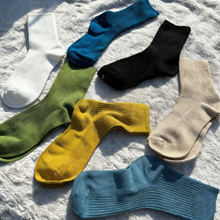 Tu家 纯色双针中筒袜吸汗透气螺纹坑条松口袜子 外贸日单女士薄款