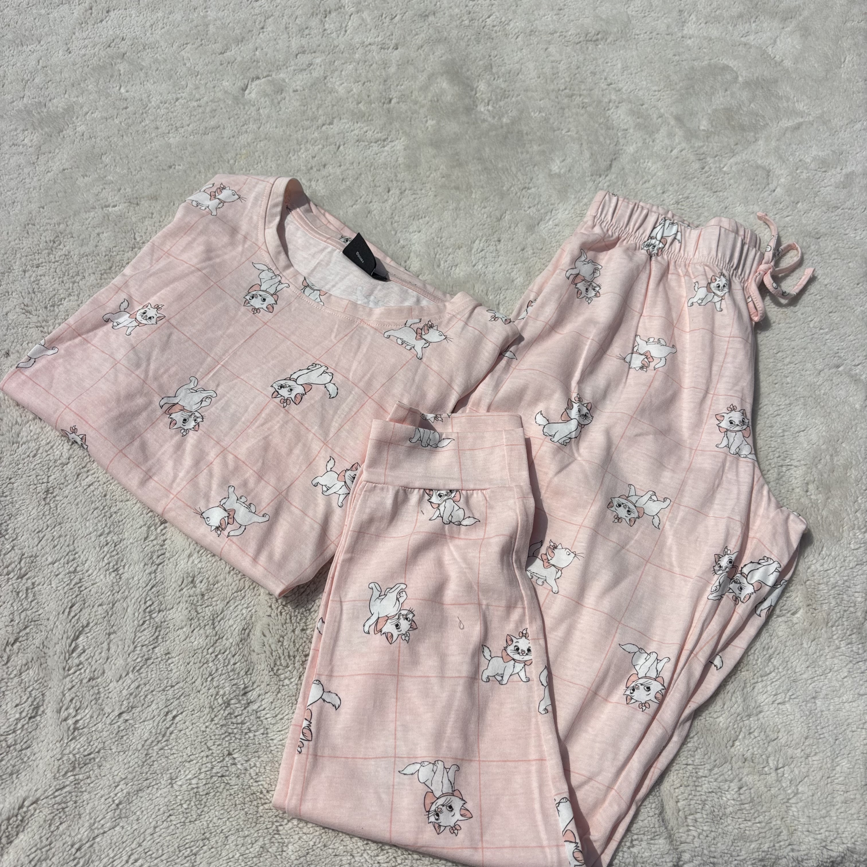 纯原好货!外贸女款卡通猫咪家居服套装 短袖T恤长裤子睡衣两件套