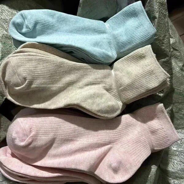 自留n双/外贸香焦家女春夏薄款纯棉纯色双针女袜透气吸汗中筒袜子