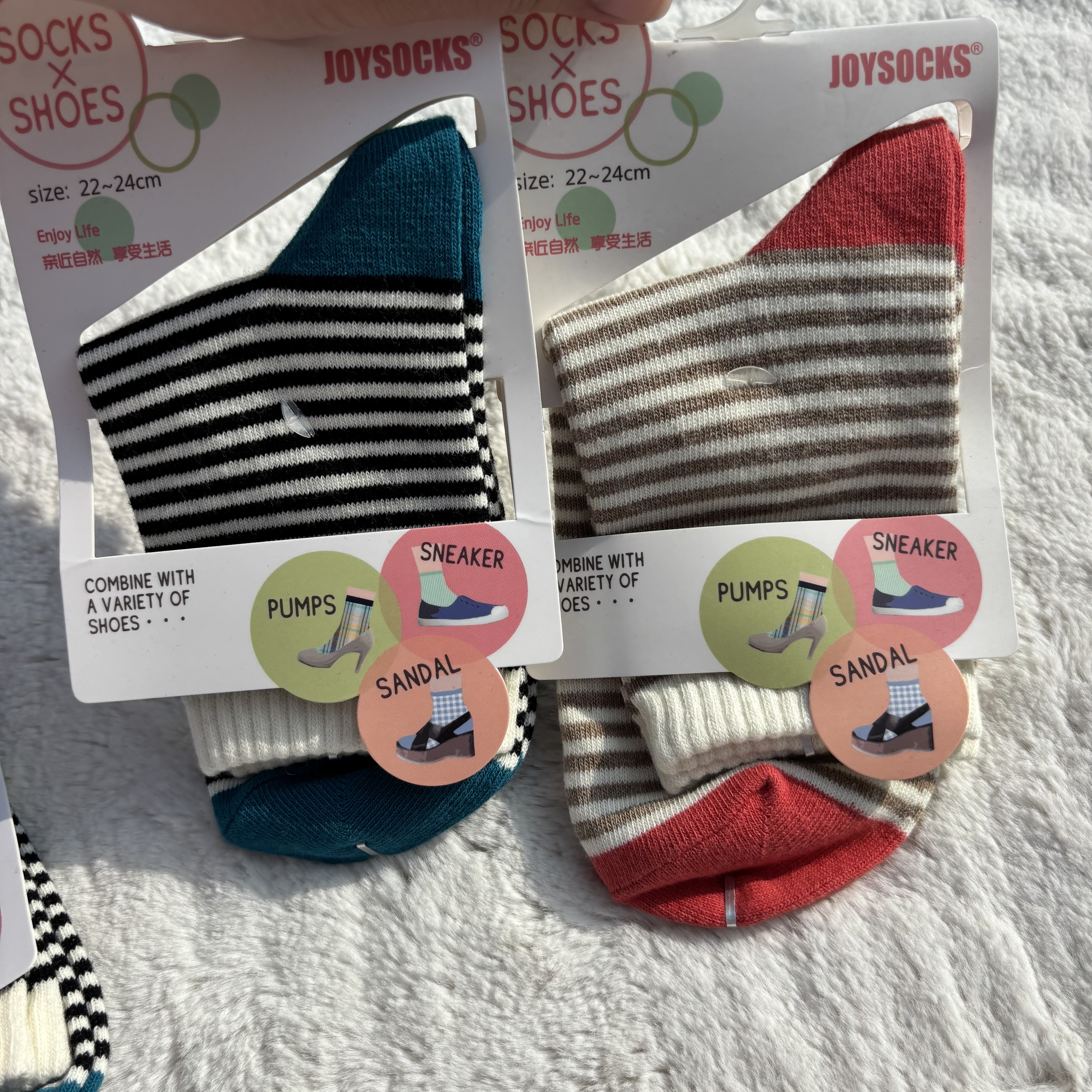 外贸日单原卡。女士春夏季薄款纯棉细条纹撞色休闲短筒袜子中筒袜