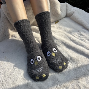 小怪兽！外贸欧单！男女冬厚半边绒家居地板靴袜套睡眠袜卡通刺绣