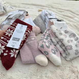 外贸出口英国女秋冬款羽绒纱保暖睡眠袜中筒袜加厚冬家居地板袜