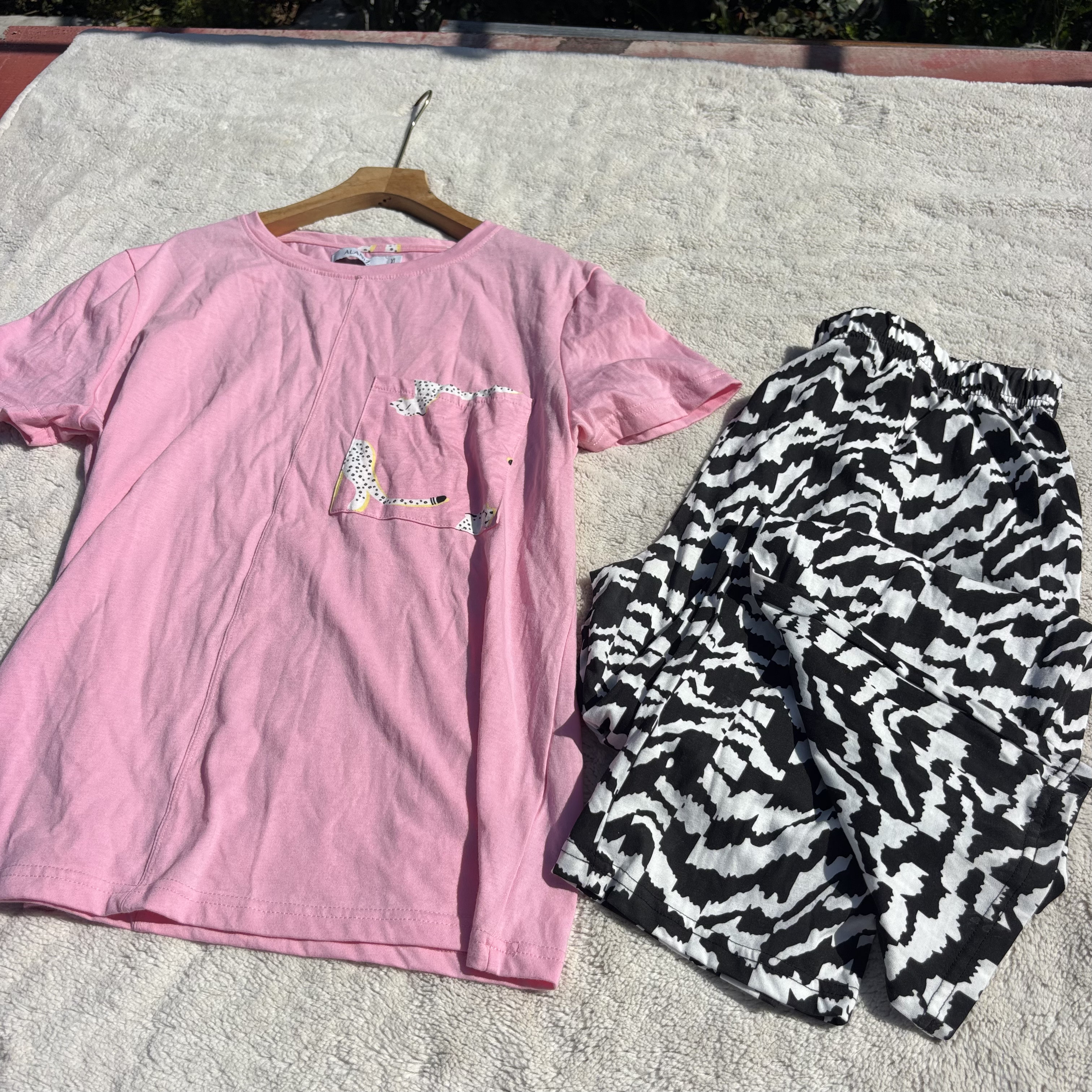 澳洲单!外贸女薄棉短袖印花睡衣两件套斑马纹高腰长裤家居服套装