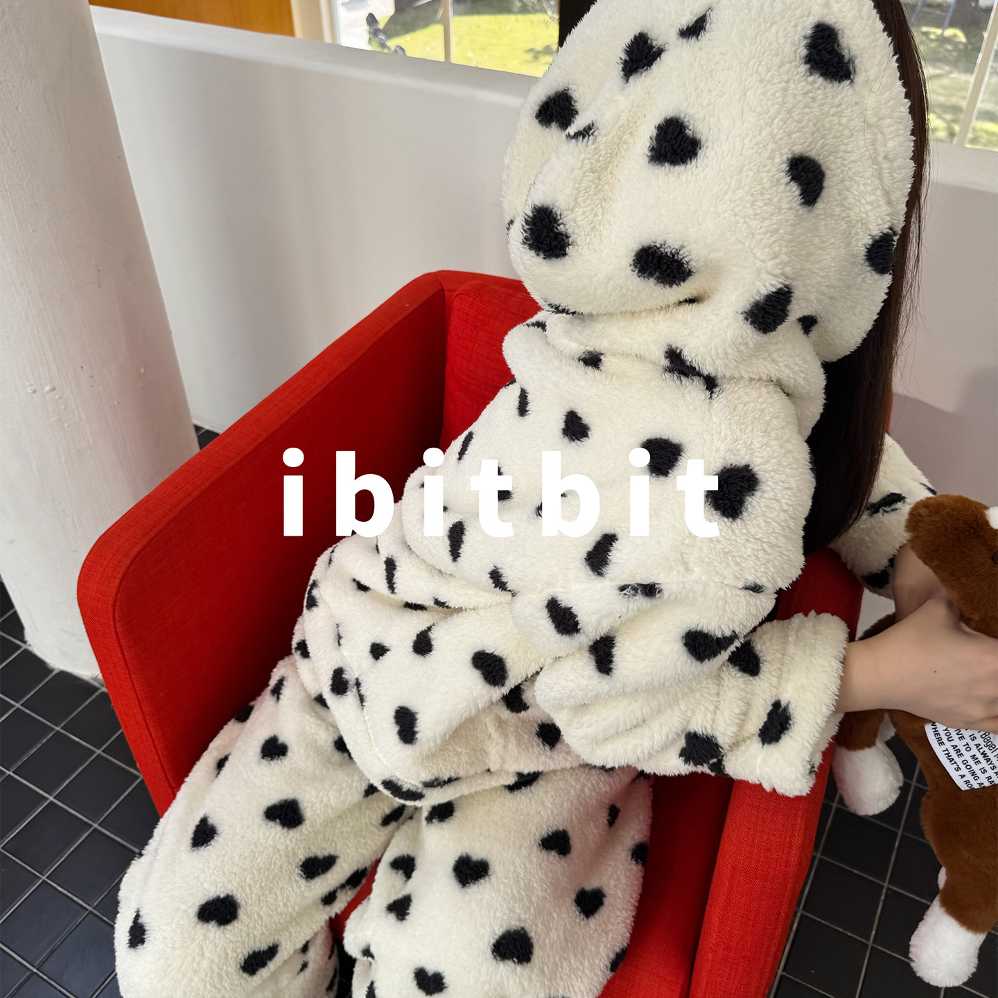 秋冬加厚珊瑚绒爱心连帽家居服套装可外穿保暖韩版ibitbit睡衣