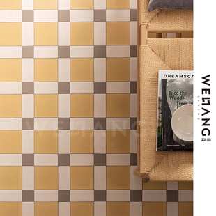 中古风复古小花砖原创奶黄色咖色格子砖咖啡厅浴室阳台厨房地砖