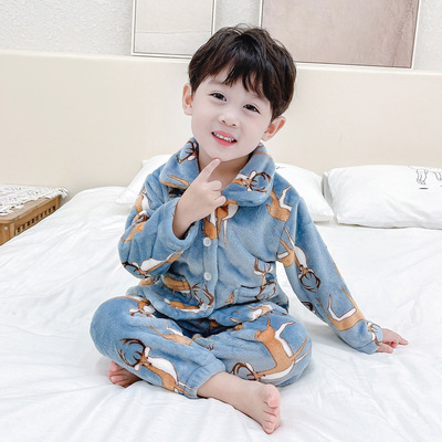 儿童法兰绒睡衣套装保暖秋冬季男童加绒家居服宝宝冬装加厚珊瑚绒