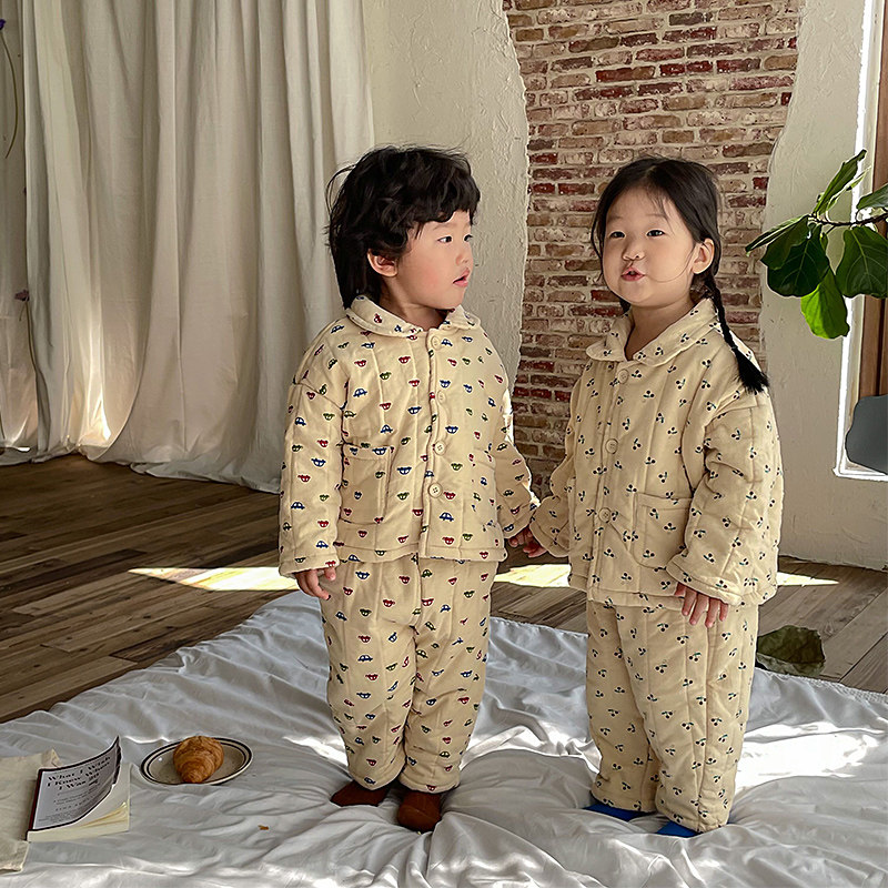 儿童睡衣秋冬季加厚款男女童纯棉宝宝加绒三层夹棉家居服套装韩版