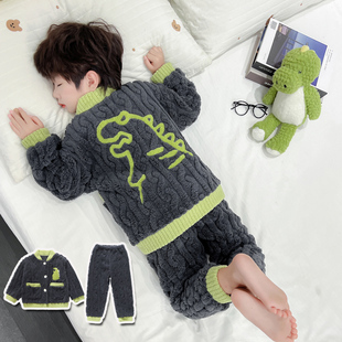 男童珊瑚绒睡衣秋冬季加绒套装新款加厚儿童男孩宝宝冬恐龙家居服