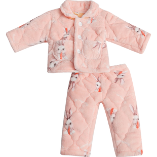 儿童睡衣套装女童冬季加绒加厚法兰绒三层夹棉宝宝家居服保暖可爱