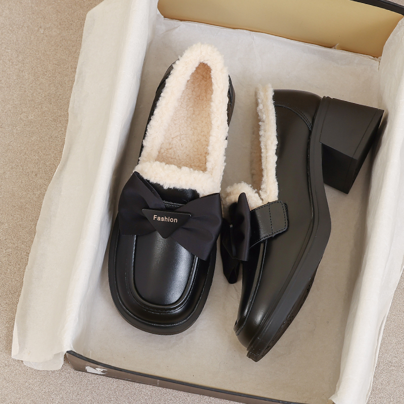 羊皮版~小个子乐福鞋女2025新款秋冬34码高跟毛毛小皮鞋加绒单鞋
