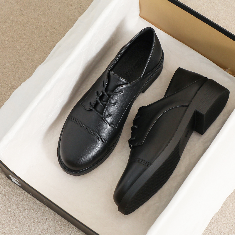 牛皮版~系带乐福鞋女款2025新款秋冬加绒黑色英伦小皮鞋平底单鞋