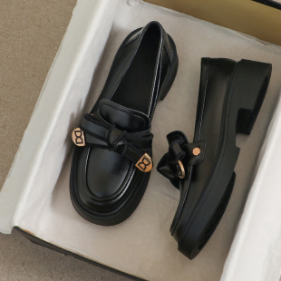 牛皮版~大码41到43法式乐福鞋女秋冬厚底小单鞋英伦英伦风小皮鞋