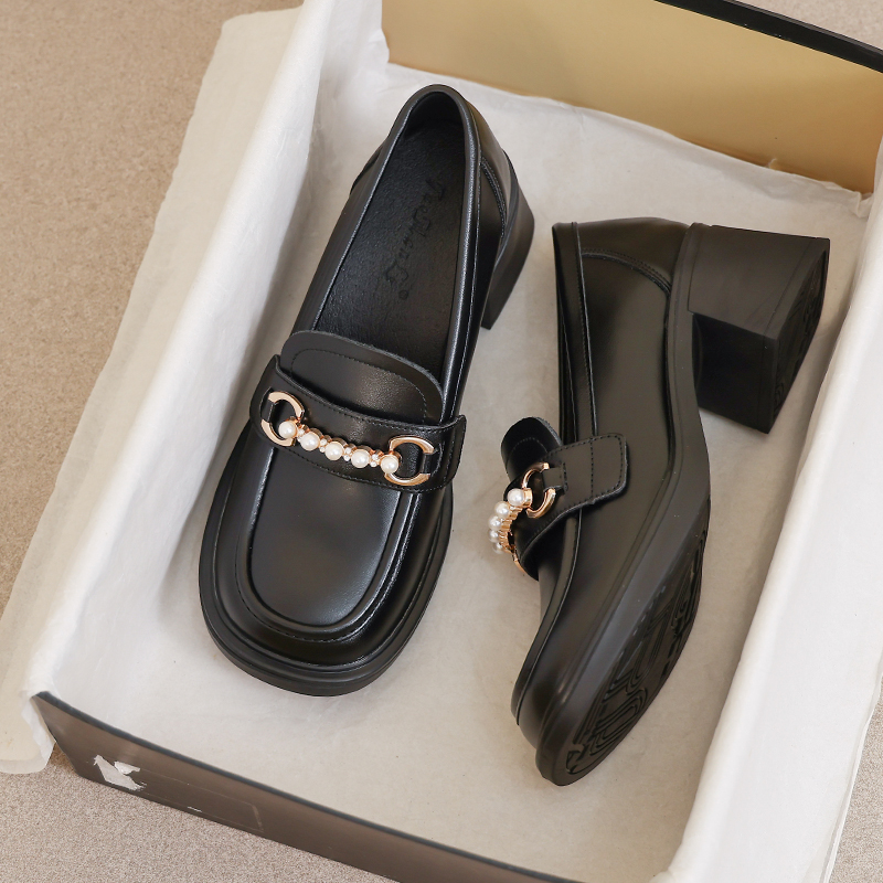 牛皮版~34码法式绝美英伦风小皮鞋2025新款秋冬复古高跟百搭单鞋