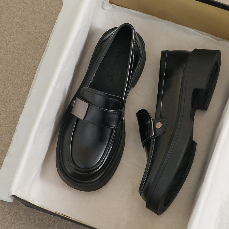 羊皮款~大码41到43厚底乐福鞋女款秋冬黑色百搭小单鞋英伦小皮鞋