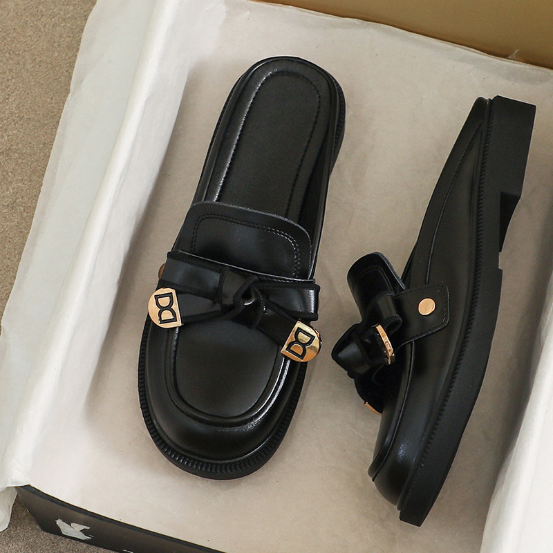 牛皮~拖鞋外穿高级感女夏季黑色大码41到43女鞋配裙子平底凉拖鞋